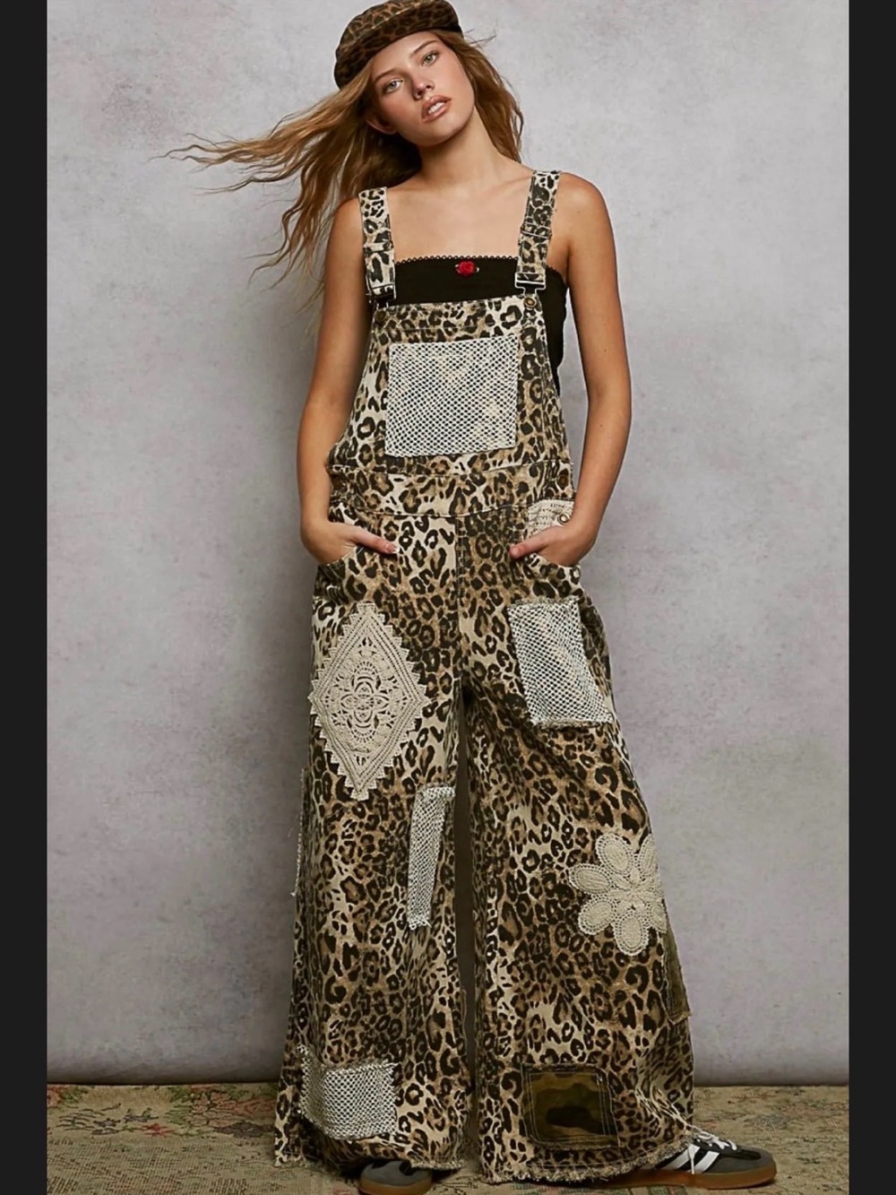New POL Leopard Patchwork Wide-Leg Overalls